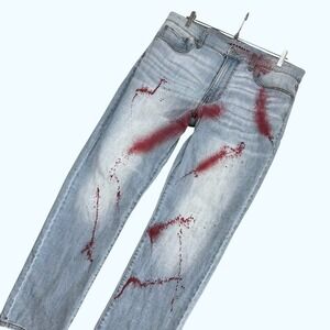 Lucky Brand 121 Slim Straight Jeans Men 34x32 Blue Blood Red Paint Splatter